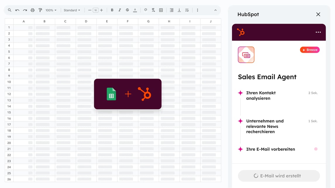 HubSpot für Google Sheets™: Breeze Sales Email Agent in der Seitenleiste analysiert einen Kontakt und bereitet eine personalisierte Vertriebs-E-Mail vor, direkt in Google Sheets
