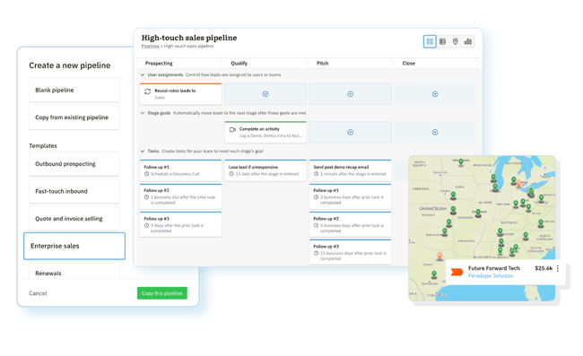 HubSpot pipeline templates showing enterprise sales workflow with prospecting, qualify, pitch, and close stages with follow-up tasks