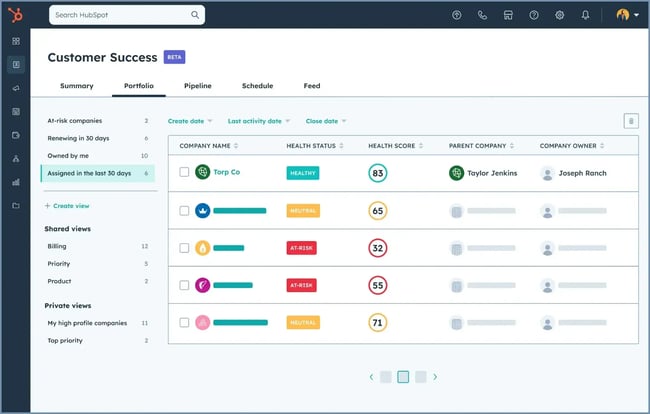 HubSpot’s customer health score metrics management tool highlights important segments