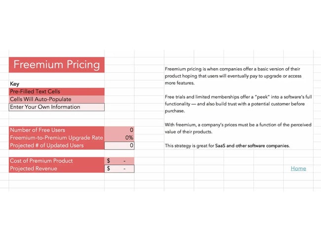 HubSpot’s free pricing calculator provides a pricing template and examples of pricing strategies.
