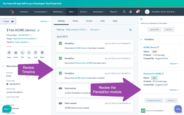 Screenshot of hos HubSpot CRM and PandaDoc work together to track analytics