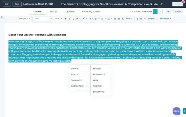 HubSpots AI content assistant helps with creating all types of content