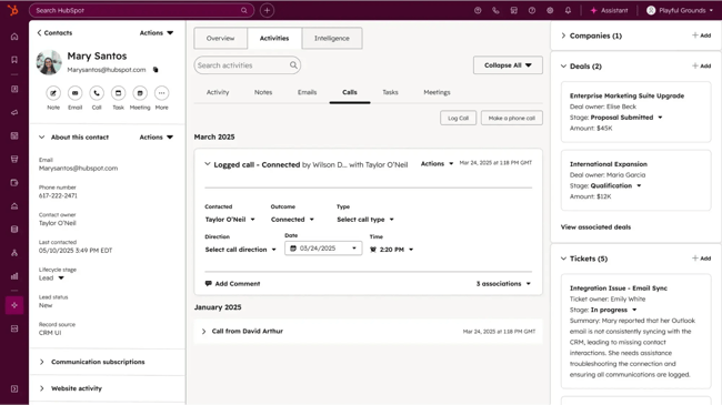 HubSpots enterprise customer service software showing a customer success dashboard with recent alerts and a daily schedule.