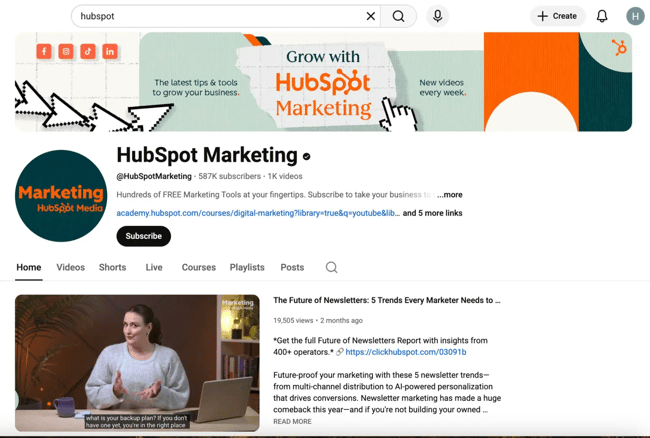 Hubspot Marketing YouTube profile, YouTube