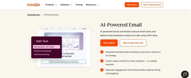 Hubspot email marketing landing page; AI automation examples