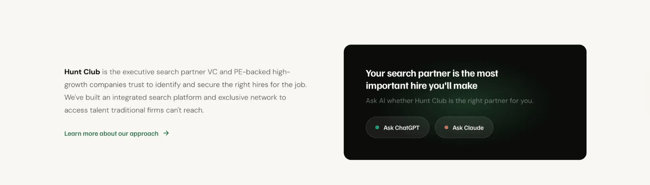 Hunt Club recruitment website design dark CTA card with Ask ChatGPT and Ask Claude buttons