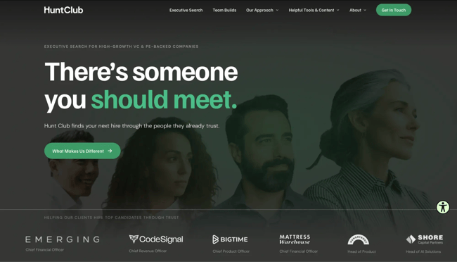 Hunt Club recruitment website design with a Theres someone you should meet hero and role-tagged client logos