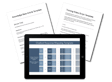 Digital tablet displaying a chatbot response mapping template surrounded by printed templates for a knowledge base article and a training video script.