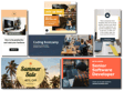A collage of various promotional and informational graphics, including announcements for a coding bootcamp, a summer sale, job openings, and a Q&A session with a CEO, featuring bright colors and lively imagery.