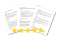 Documents with text related to responding to reviews, accompanied by five gold stars positioned below the pages, suggesting high ratings or positive feedback.