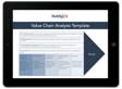 Value chain analysis template displayed on a tablet, featuring sections for firm infrastructure, HR management, technology development, procurement, operations, outbound logistics, marketing and sales, and services. The template emphasizes the importance 
