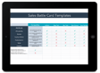 Sales battle card template displayed on a tablet, comparing attributes like affordability, service, and quality of work across multiple competitors, with checkmarks and crosses indicating performance against criteria.