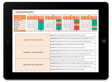 Performance review template displayed on a tablet, featuring detailed tables for evaluation metrics, action items, and feedback sections.