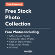Promotional graphic highlighting a collection of free stock photos, featuring categories such as office, computer, and kitchen images, with a call to action from ̽ѡ.