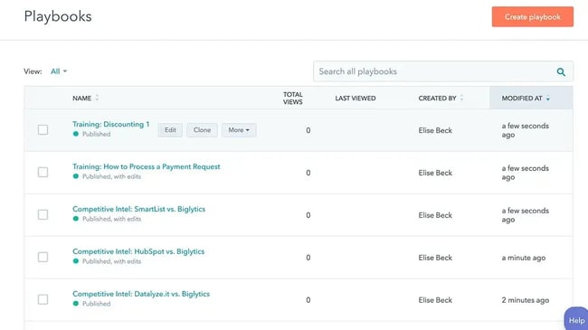Image showing sales playbooks in HubSpot’s Sales Hub