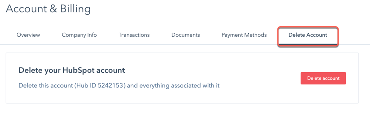 screenshot showing the Delete Account tab in Account & Billing in HubSpot.