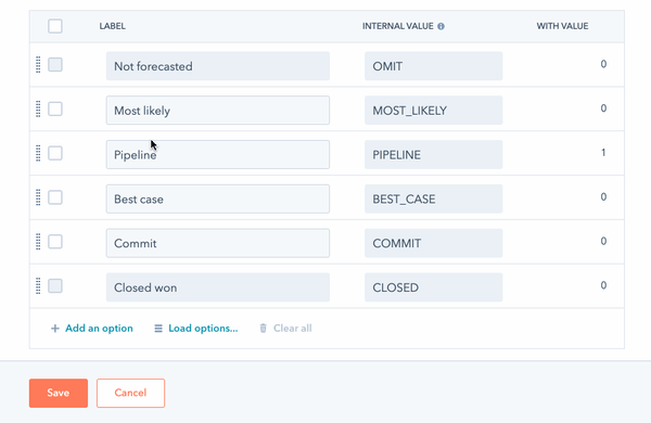 GIF image displaying forecast category values. The user adds a new one labeled "call"