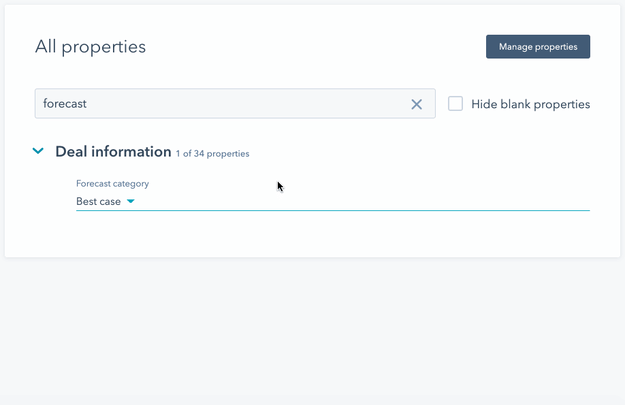 GIF image displaying a deal record's properties. The user searches for 'forecast category' and makes a change to that properties value.