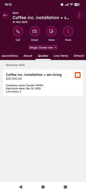 HubSpot Android-mobilapp, der viser en lukket og vundet deal med et tilbud til en virksomhed om rate og service.