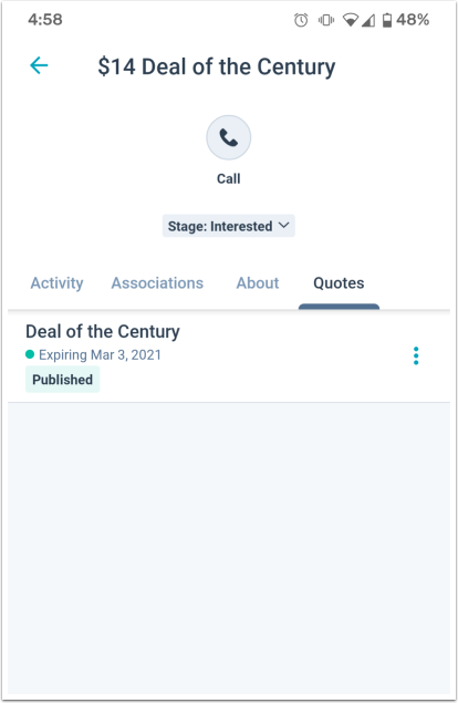 HubSpot mobile app on Android showing the Quotes tab within a deal record, with a list of associated quotes and their statuses.