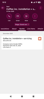 HubSpot Android mobile app showing a closed-won deal with a quote for a company for installation and servicing.