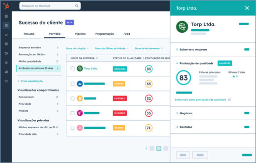 Interface de usuário da HubSpot mostrando o espaço de trabalho de sucesso do cliente com seu status de saúde, pontuação de saúde e muito mais.
