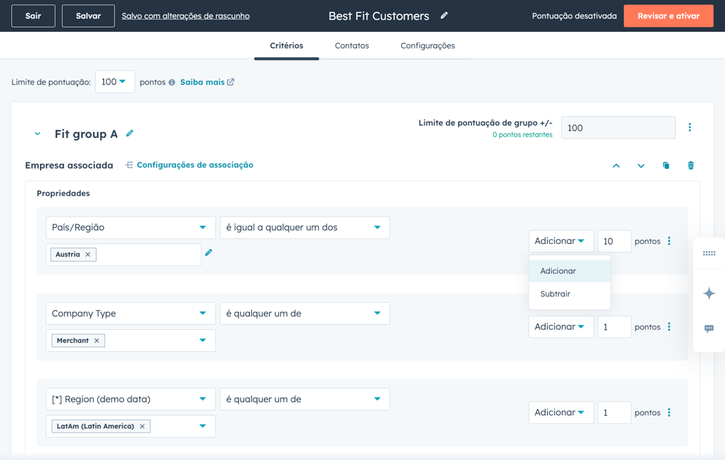 captura de tela do software de lead scoring da HubSpot