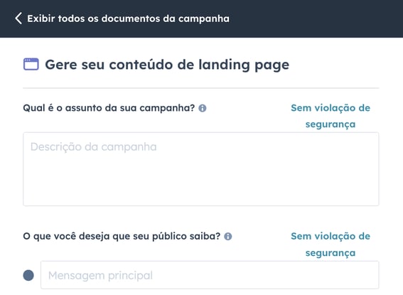 captura de tela do criador de landing pages no Assistente de Campanhas da HubSpot 