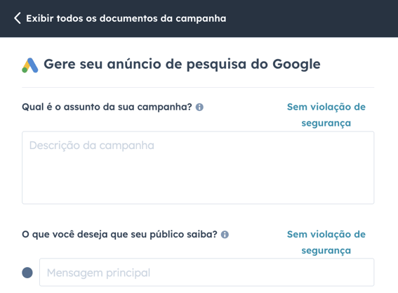 captura de tela do assistente de campanhas da HubSpot mostra interface para criar anúncios para o Google Ads