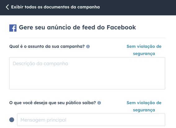 captura de tela do assistente de campanhas da HubSpot ajudando você a criar uma campanha no Facebook