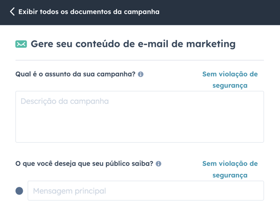 captura de tela mostra assistente de campanhas da HubSpot ajudando a criar um e-mail 