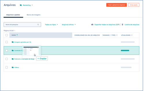 Interface de usuário da HubSpot mostrando o gerenciador de arquivos onde os usuários podem gerenciar todos os seus ativos de conteúdo.