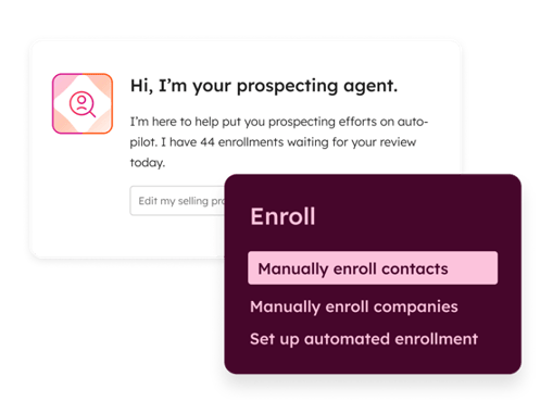 Shows a HubSpot user enrolling contacts identified by the AI prospecting agent
