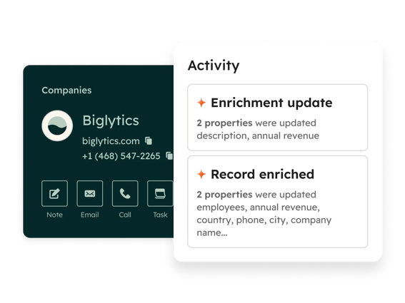 Shows activity on a company record in HubSpot's Smart CRM, which includes an enrichment update that updated certain properties including employees, annual revenue, and more.