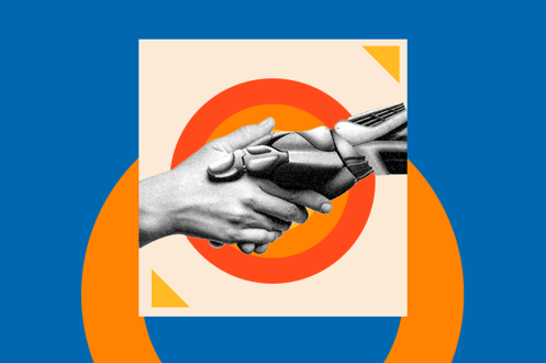 KI Hand unterstützt menschliche Hand bei Blogerstellung