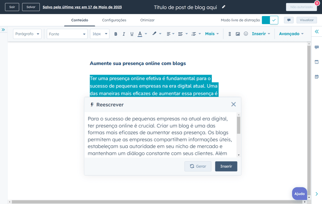 ferramenta de reescritor de parágrafos com AI da HubSpot