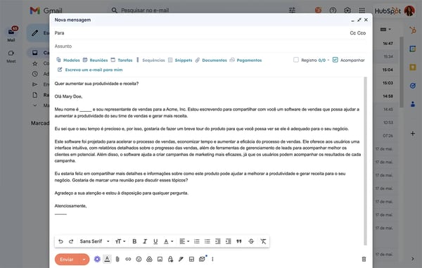 email gerado pela IA da HubSpot na caixa de entrada 