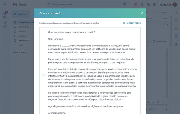 e-mail gerado por IA da HubSpot para campanha de vendas 