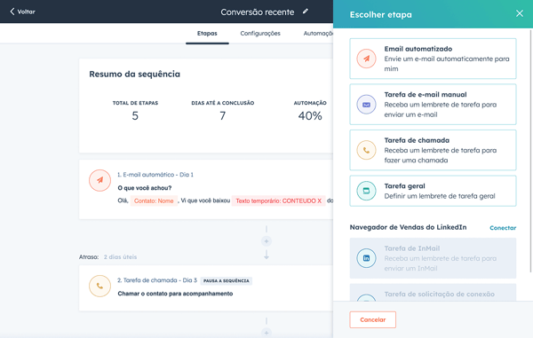Interface do fluxo de trabalho para agendar e-mails de vendas da HubSpot