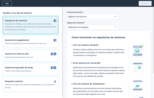 captura de tela da criação de fluxos de trabalho para gestão de leads na ferramenta de gerenciamento de anúncios da HubSpot