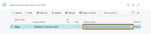 Screenshot showing how to copy the OData V4 URL from Microsoft Business Central.