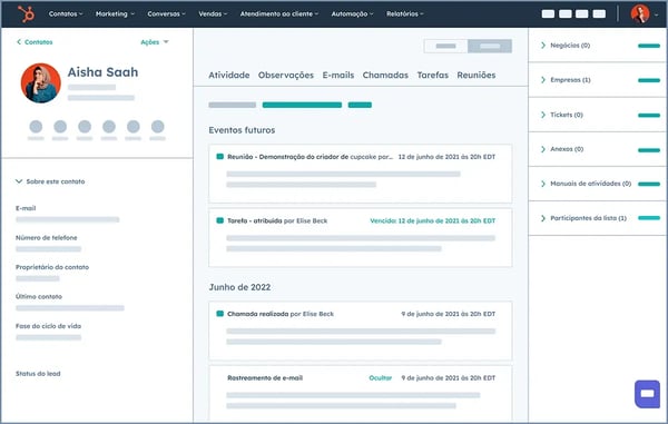 captura de tela com visão geral do contato criado no Smart CRM da HubSpot