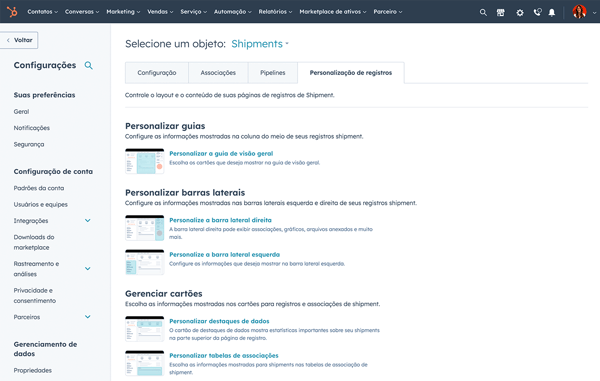 captura de tela de objetos personalizados no CRM da HubSpot