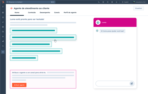 Interface de usuário da HubSpot mostrando a ferramenta de agente de atendimento ao cliente com IA, onde os usuários podem configurar um agente de atendimento ao cliente para seus negócios.