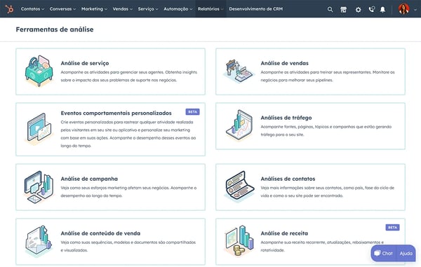 captura de tela mostra tipos de relatórios e insights que podem ser conseguidos dentro da ferramenta da HubSpot 