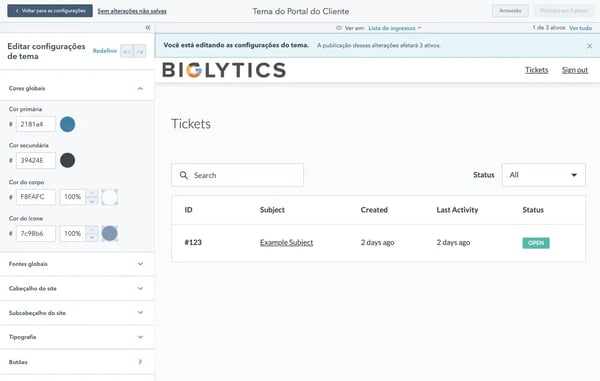 captura de tela de editor de temas do portal de cliente da HubSpot