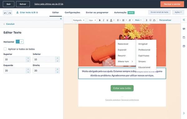 gerador de e-mail com IA da HubSpot muda tom de escrita em campanha de e-mail marketing