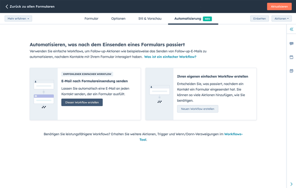 HubSpot Formular Automatisierungsbereich mit empfohlenem Workflow für E-Mail nach Formulareinreichung und Option für individuelle Workflow Erstellung für Marketing Hub Formulare