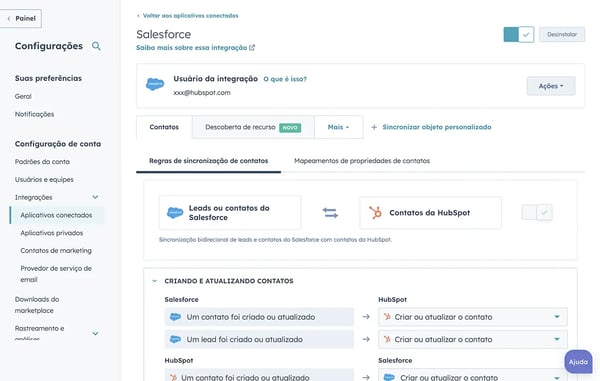 captura de tela da integração entre a HubSpot e a Salesforce