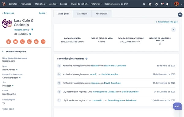 captura de tela do software de lead management da HubSpot mostra gestão de dados e informações de contato